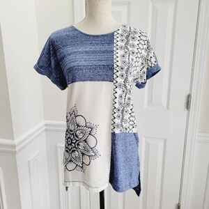 Desigual Sara Patchwork Printed Tunic Blouse Top Blue White Size S
